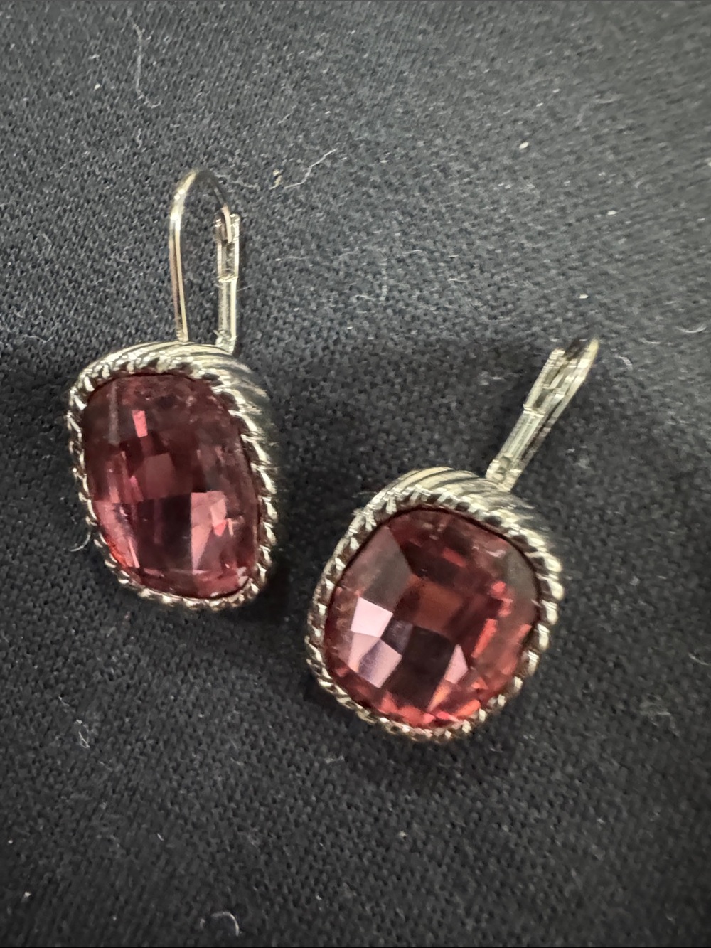 Swarovski Silver Drop Earrings with Deep Rose-Pink Faceted Stones